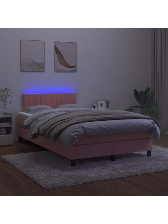 Atsperu gulta ar matraci, led, rozā samts, 120x190 cm