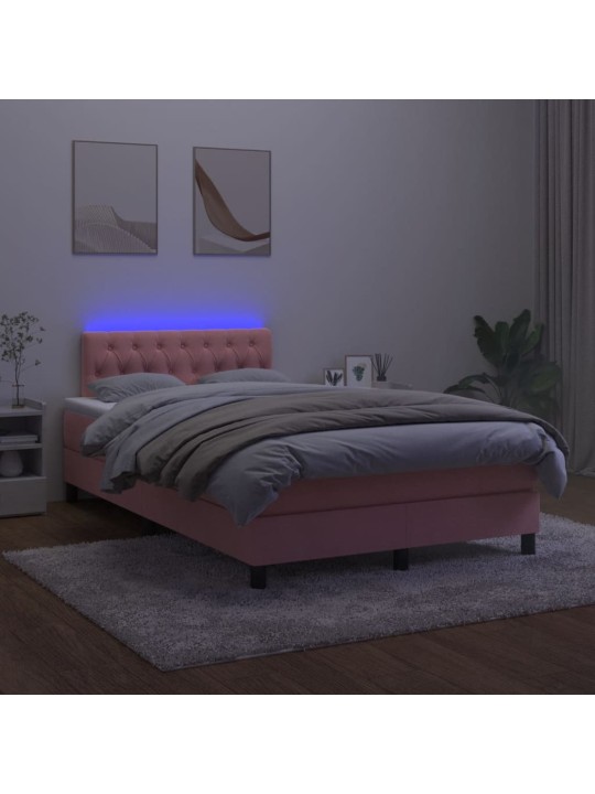 Atsperu gulta ar matraci, led, rozā samts, 120x190 cm