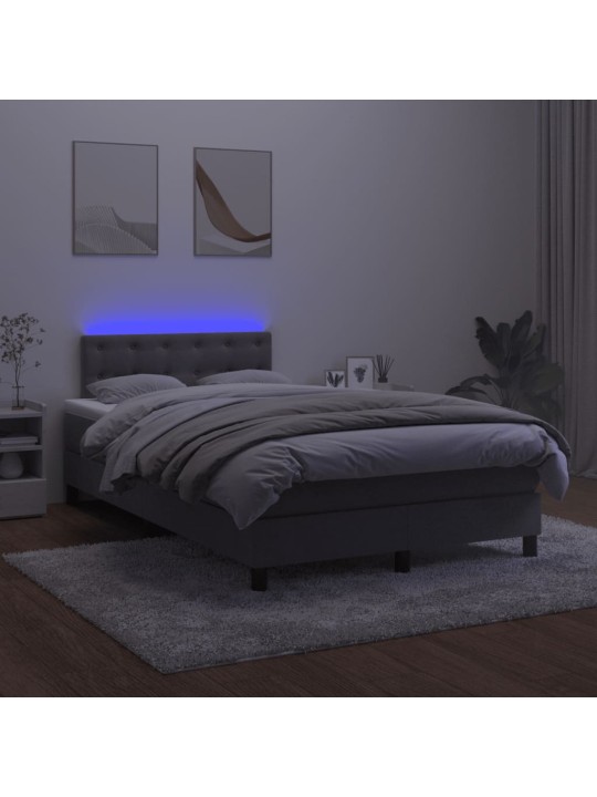 Atsperu gulta ar matraci, LED, tumši pelēks samts, 120x190 cm