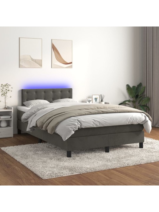 Atsperu gulta ar matraci, LED, tumši pelēks samts, 120x190 cm