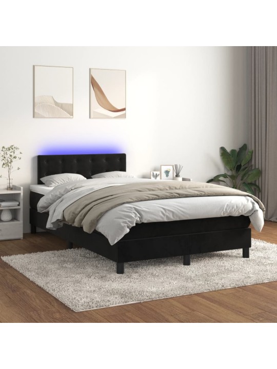 Atsperu gulta ar matraci, LED, melns samts, 120x190 cm