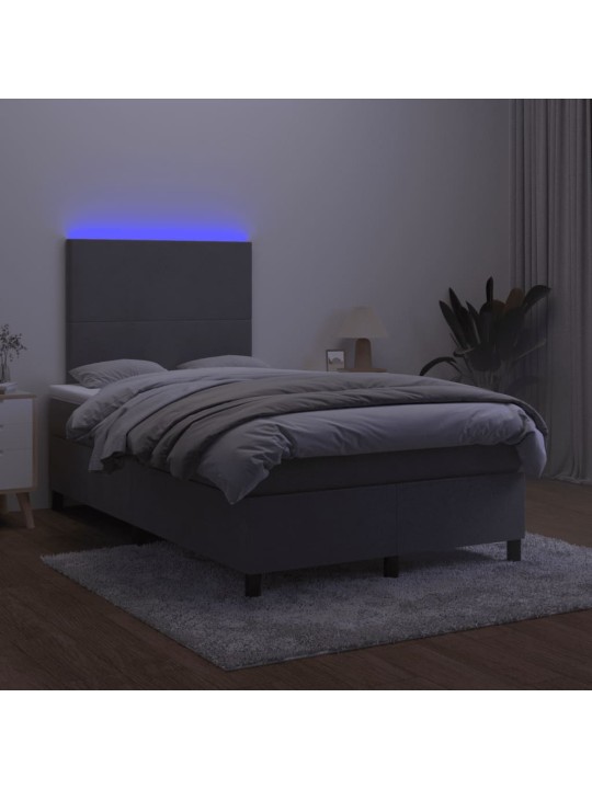 Atsperu gulta ar matraci, LED, tumši pelēks samts, 120x190 cm