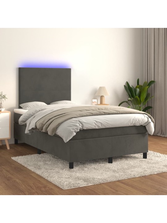 Atsperu gulta ar matraci, LED, tumši pelēks samts, 120x190 cm