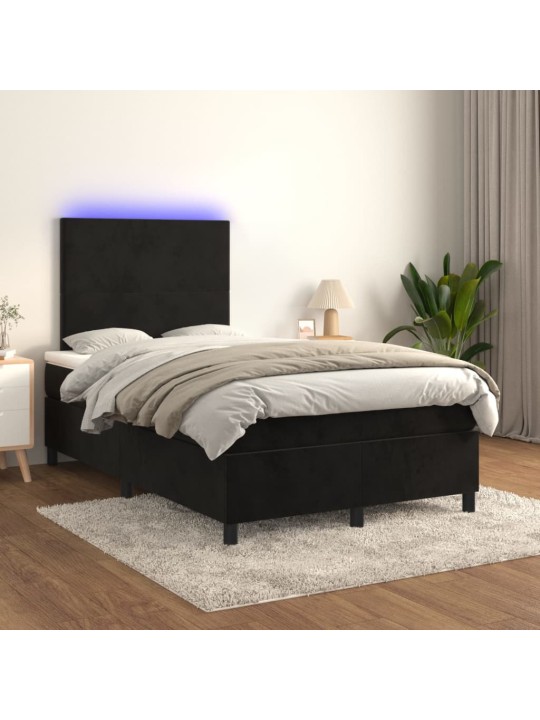 Atsperu gulta ar matraci, LED, melns samts, 120x190 cm