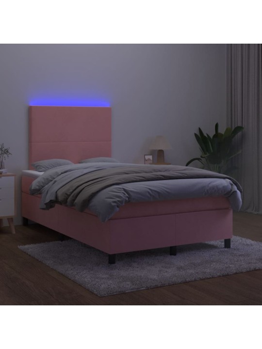 Atsperu gulta ar matraci, led, rozā samts, 120x190 cm