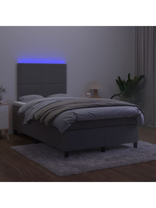 Atsperu gulta ar matraci, LED, tumši pelēks samts, 120x190 cm