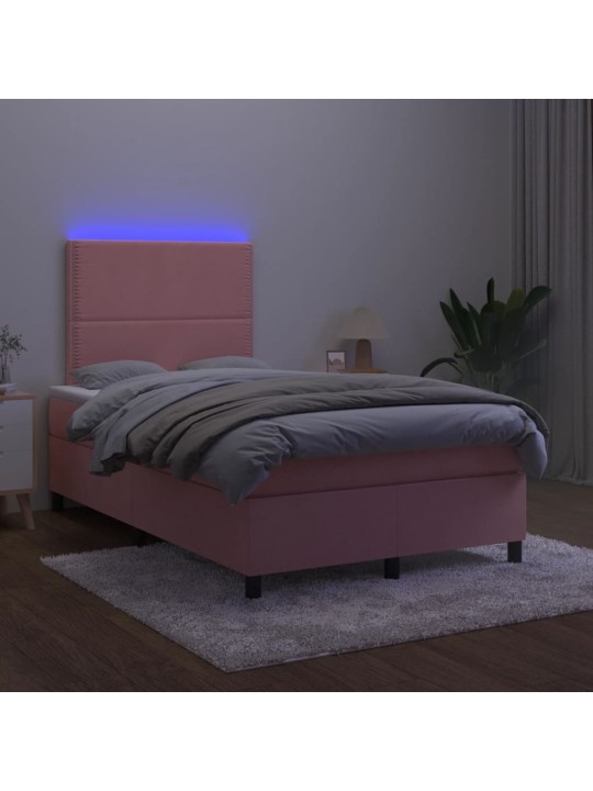 Atsperu gulta ar matraci, led, rozā samts, 120x190 cm