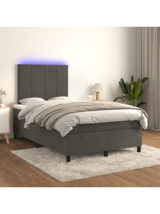 Atsperu gulta ar matraci, LED, tumši pelēks samts, 120x190 cm