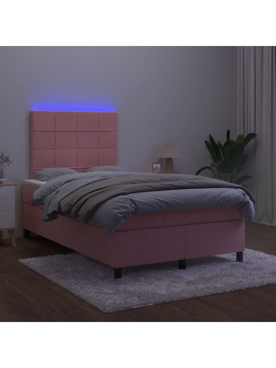 Atsperu gulta ar matraci, led, rozā samts, 120x190 cm