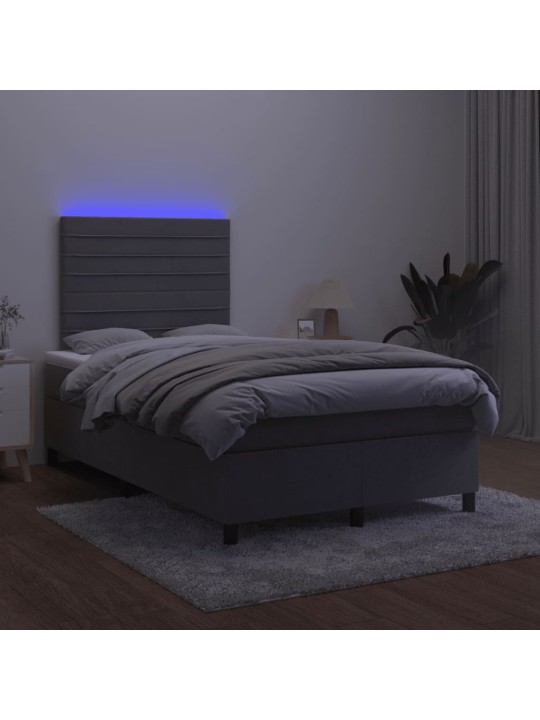 Atsperu gulta ar matraci, LED, tumši pelēks samts, 120x190 cm