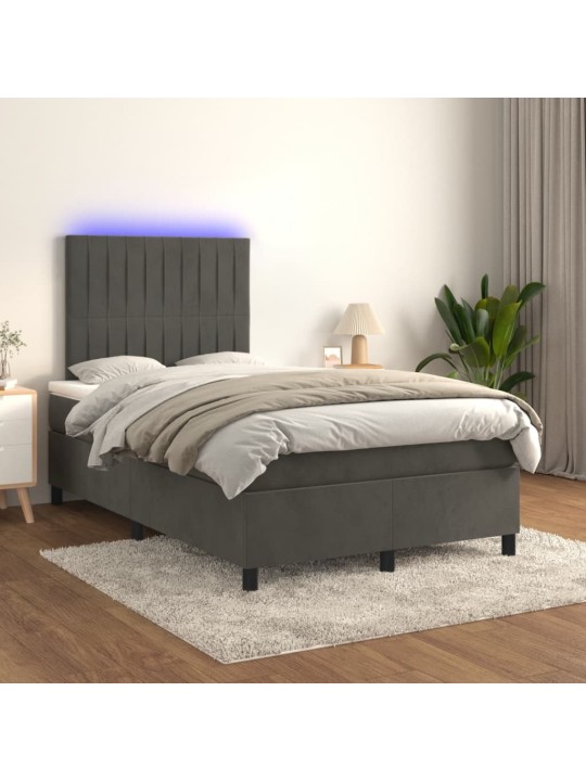 Atsperu gulta ar matraci, LED, tumši pelēks samts, 120x190 cm