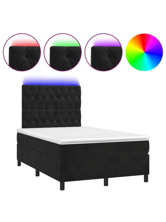 Atsperu gulta ar matraci, LED, melns samts, 120x190 cm