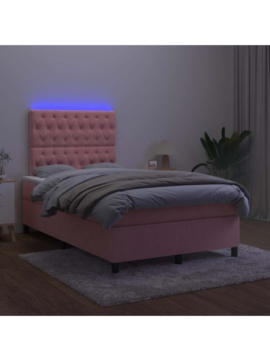 Atsperu gulta ar matraci, LED, rozā samts, 120x190 cm