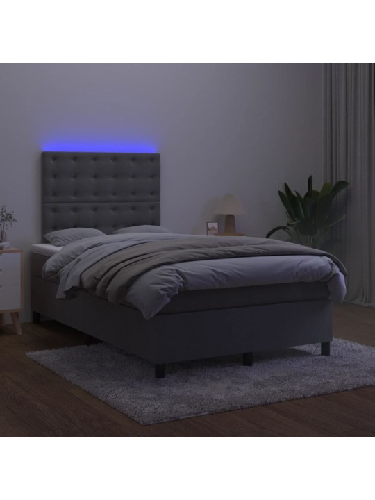Atsperu gulta ar matraci, LED, tumši pelēks samts, 120x190 cm