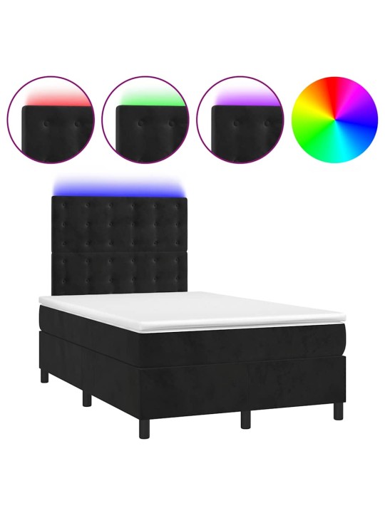 Atsperu gulta ar matraci, LED, melns samts, 120x190 cm