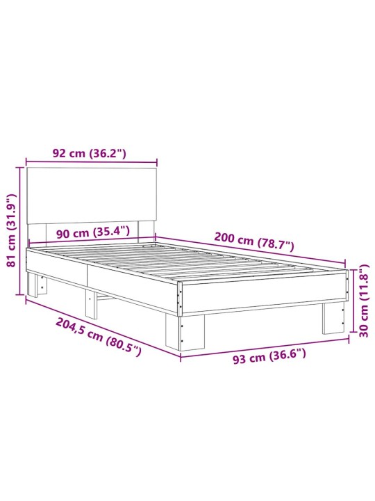 Gultas rāmis, ozola krāsā, 90x200 cm, inženierijas koks, metāls