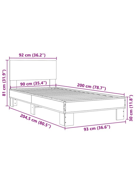 Gultas rāmis, ozola krāsā, 90x200 cm, inženierijas koks, metāls