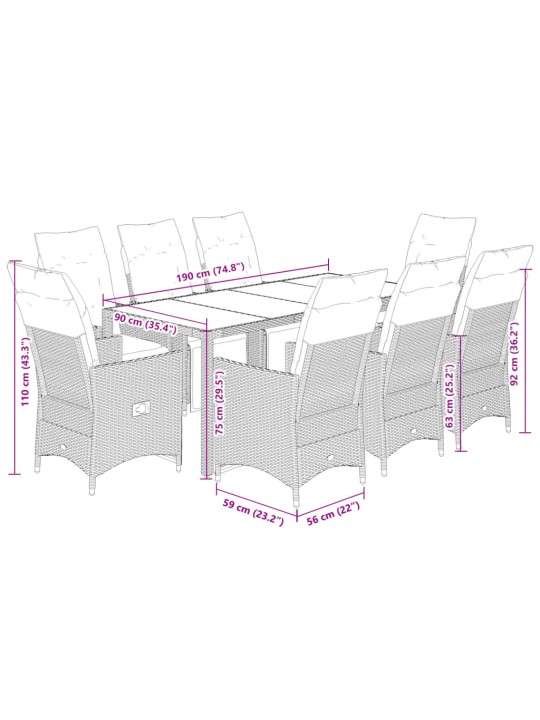 9-daļīgs bistro mēbeļu komplekts, matrači, pelēks PE