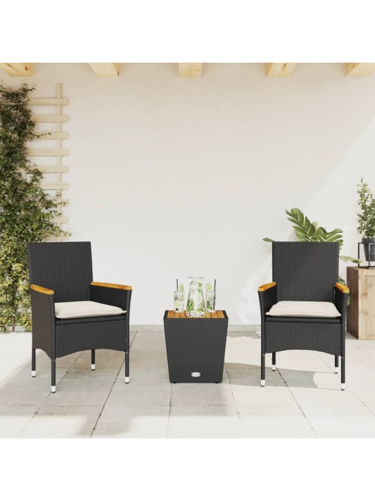 3-daļīgs bistro mēbeļu komplekts, matrači, melna PE rotangpalma