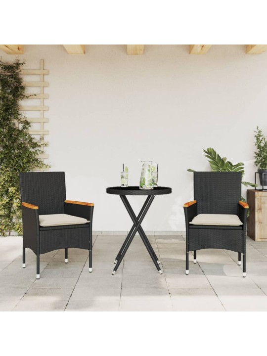 3-daļīgs bistro mēbeļu komplekts, matrači, melna PE rotangpalma