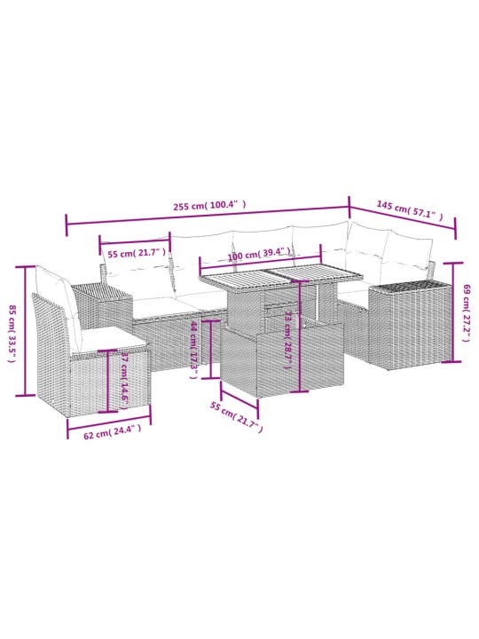 7-daļīgs dārza dīvāna komplekts ar matračiem, melna PE