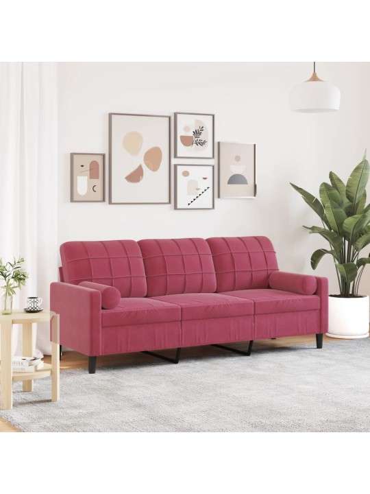 Trīsvietīgs dīvāns ar spilveniem, vīnsarkans, 180 cm, samts