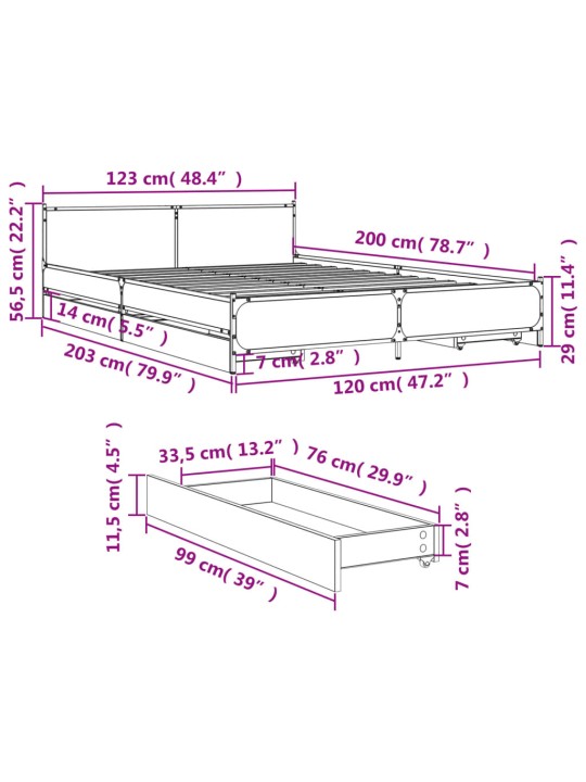Gultas rāmis ar atvilktnēm, melns, 120x200cm, inženierijas koks