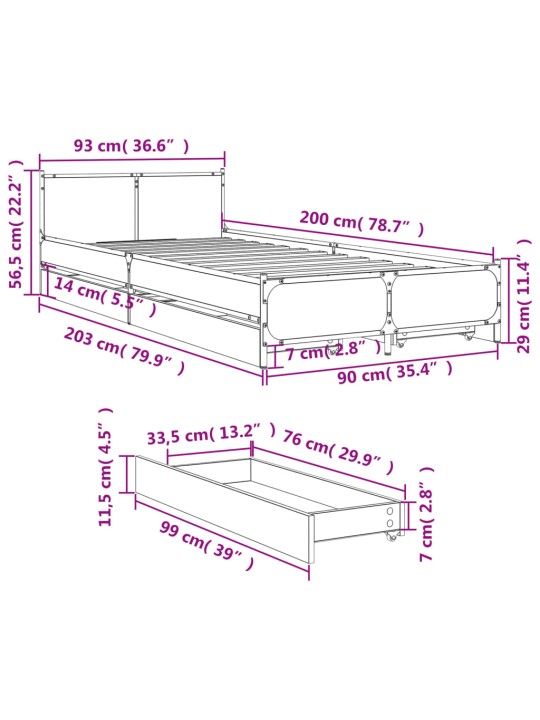 Gultas rāmis ar atvilktnēm, melns, 90x200 cm, inženierijas koks