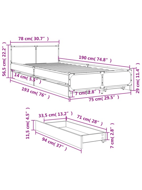 Gultas rāmis ar atvilktnēm, melns, 75x190 cm, inženierijas koks