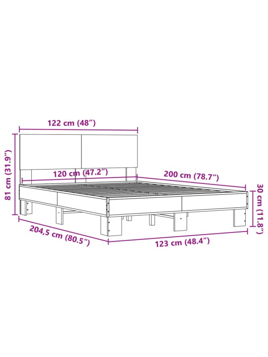 Gultas rāmis, ozola krāsā, 120x200cm, inženierijas koks, metāls