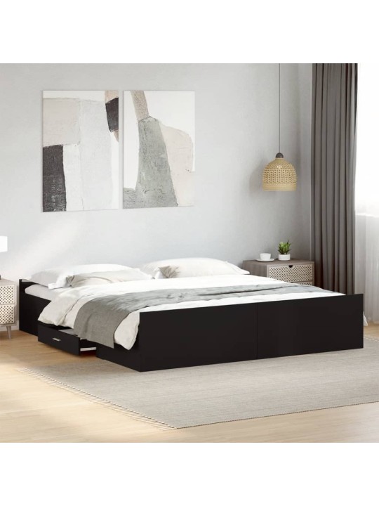Gultas rāmis ar atvilktnēm, melns, 200x200cm, inženierijas koks