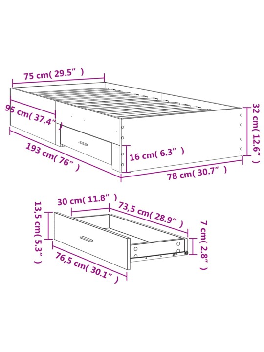 Gultas rāmis ar atvilktnēm, melns, 75x190 cm, inženierijas koks