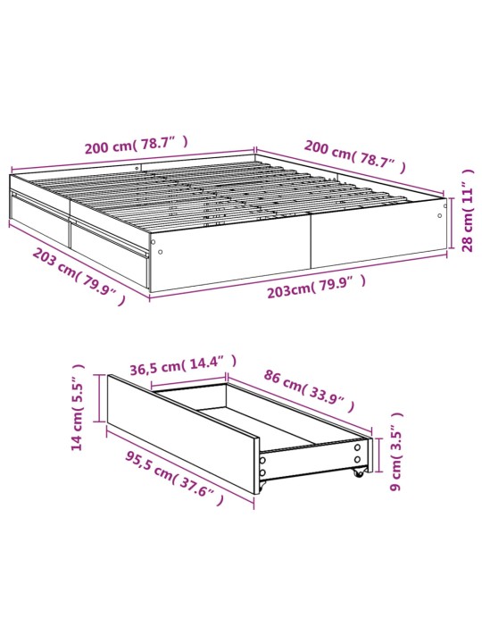 Gultas rāmis ar atvilktnēm, melns, 200x200cm, inženierijas koks
