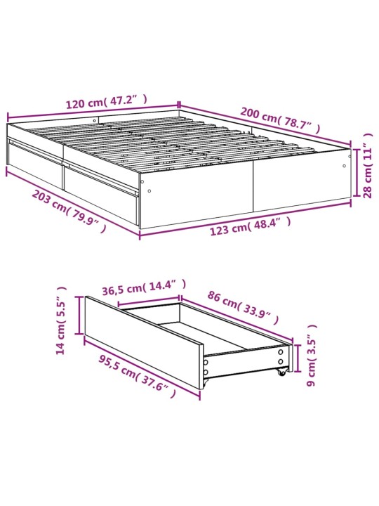 Gultas rāmis ar atvilktnēm, melns, 120x200cm, inženierijas koks
