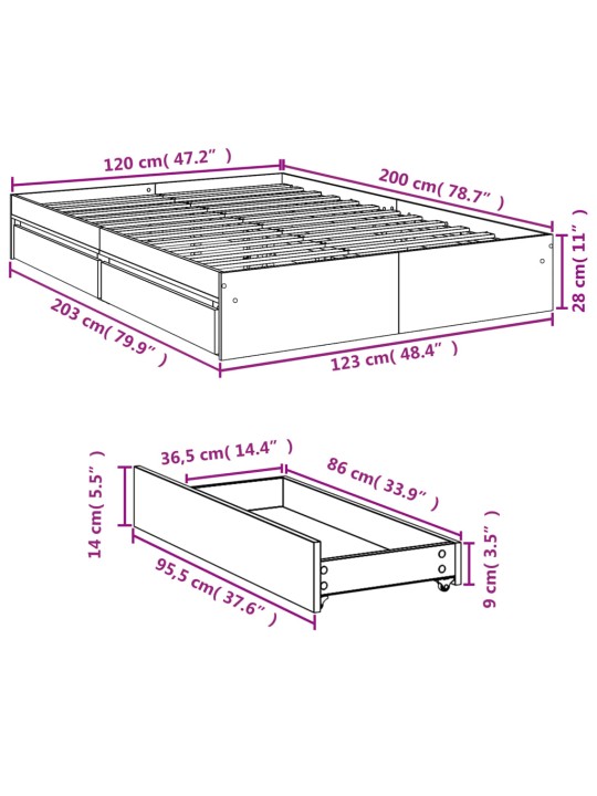 Gultas rāmis ar atvilktnēm, ozola, 120x200cm, inženierijas koks