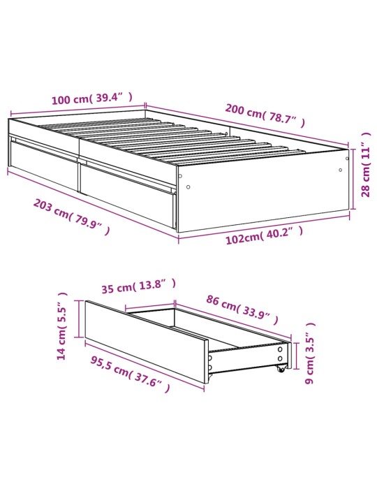 Gultas rāmis ar atvilktnēm, brūns, 100x200cm, inženierijas koks