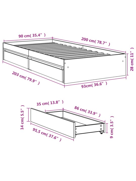 Gultas rāmis ar atvilktnēm, ozola, 90x200 cm, inženierijas koks