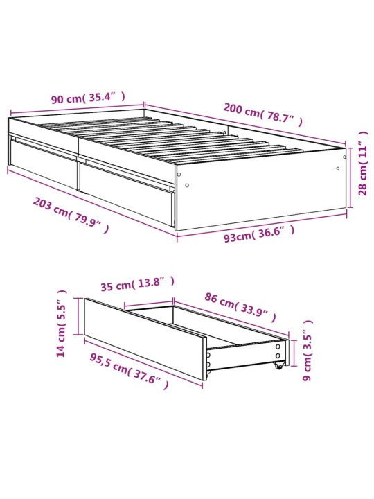 Gultas rāmis ar atvilktnēm, brūns, 90x200 cm, inženierijas koks