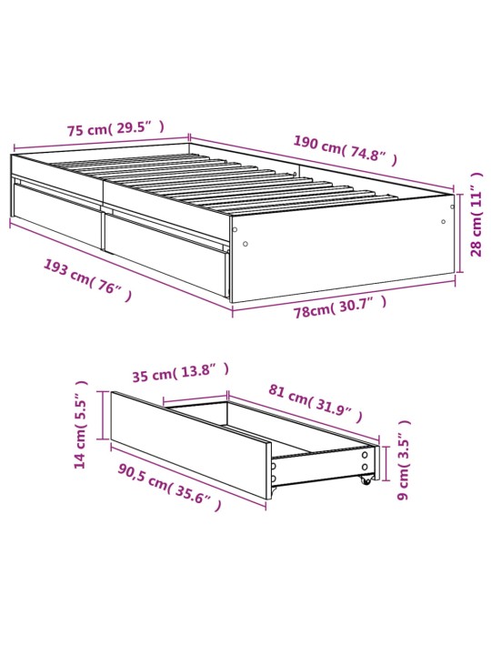Gultas rāmis ar atvilktnēm, melns, 75x190 cm, inženierijas koks