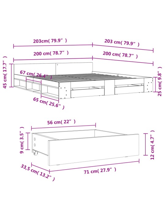 Gultas rāmis ar atvilktnēm, bez matrača, balts, 200x200 cm