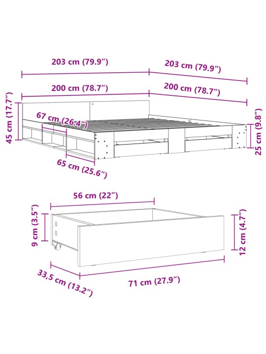 Gultas rāmis ar atvilktnēm, pelēka ozola, 200x200 cm