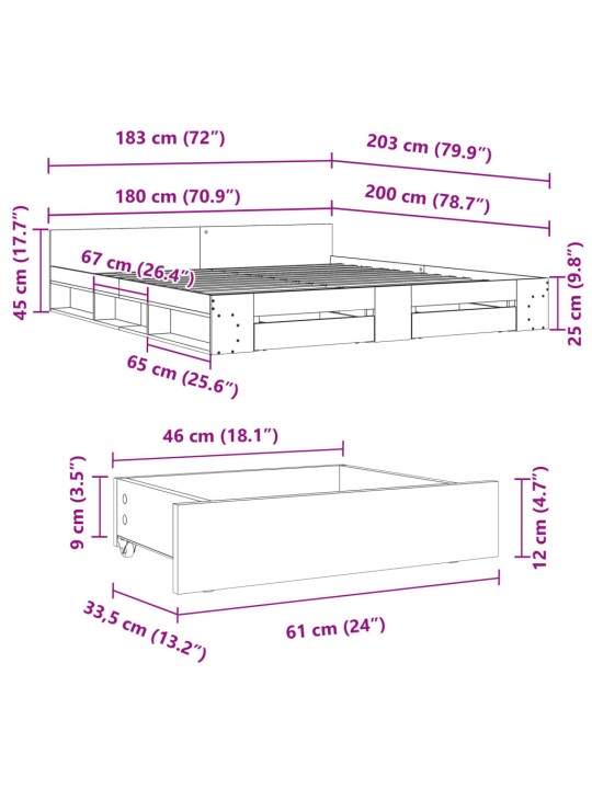 Gultas rāmis ar atvilktnēm, melns, 180x200cm, inženierijas koks