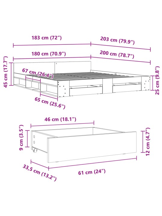 Gultas rāmis ar atvilktnēm, ozola, 180x200cm, inženierijas koks