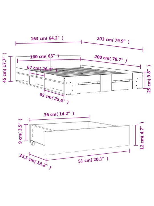 Gultas rāmis ar atvilktnēm, ozola, 160x200cm, inženierijas koks