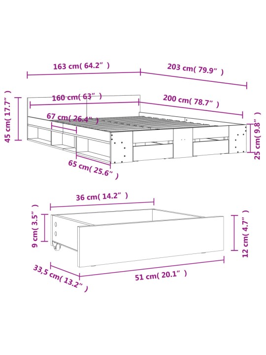 Gultas rāmis ar atvilktnēm, ozola, 160x200cm, inženierijas koks