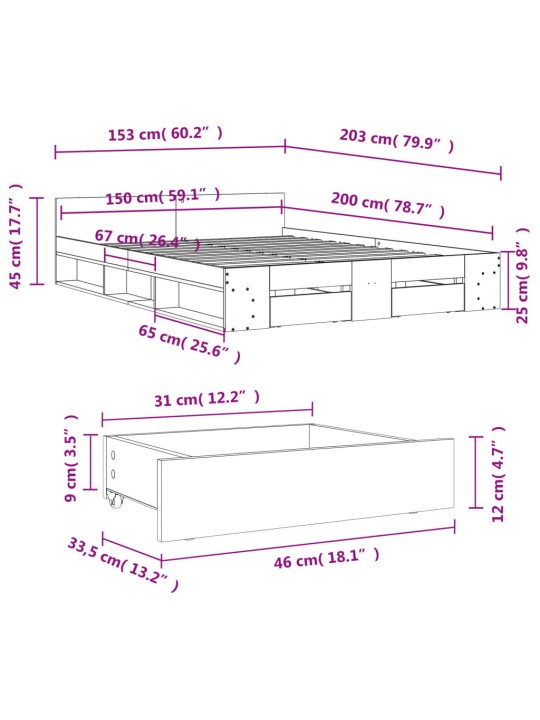 Gultas rāmis ar atvilktnēm, melns, 150x200cm, inženierijas koks