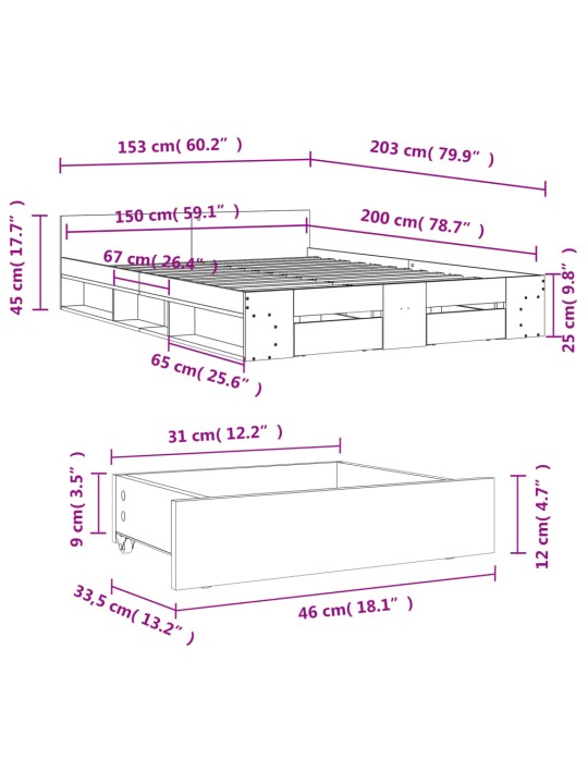 Gultas rāmis ar atvilktnēm, pelēks,150x200cm, inženierijas koks