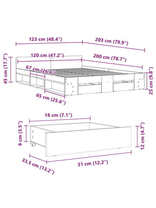 Gultas rāmis ar atvilktnēm, ozola, 120x200cm, inženierijas koks
