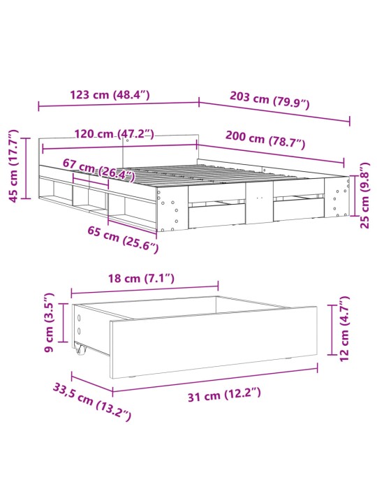 Gultas rāmis ar atvilktnēm, pelēka ozola, 120x200 cm