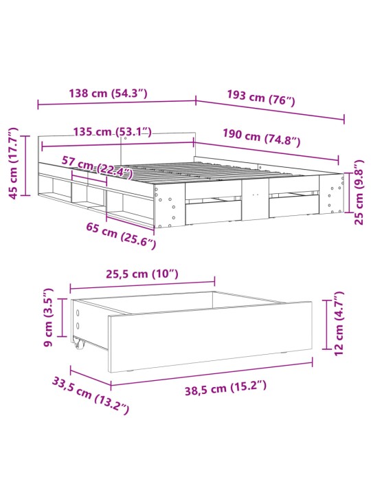 Gultas rāmis ar atvilktnēm, ozola, 135x190cm, inženierijas koks